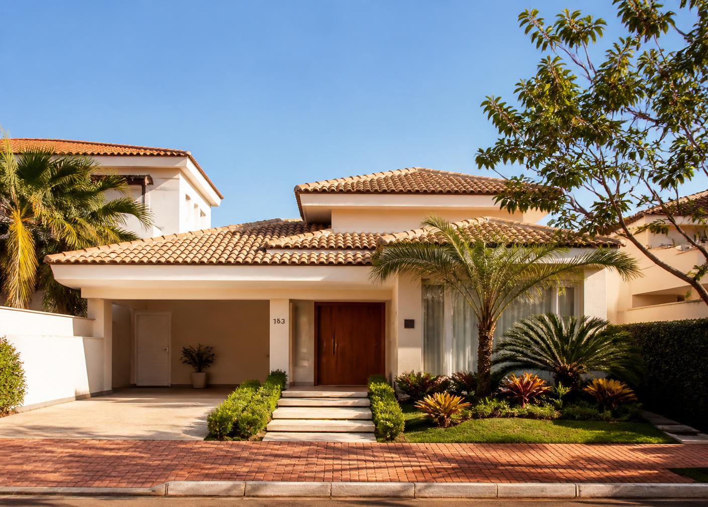 Fachada de casa brasileira com jardim e telhado de telhas