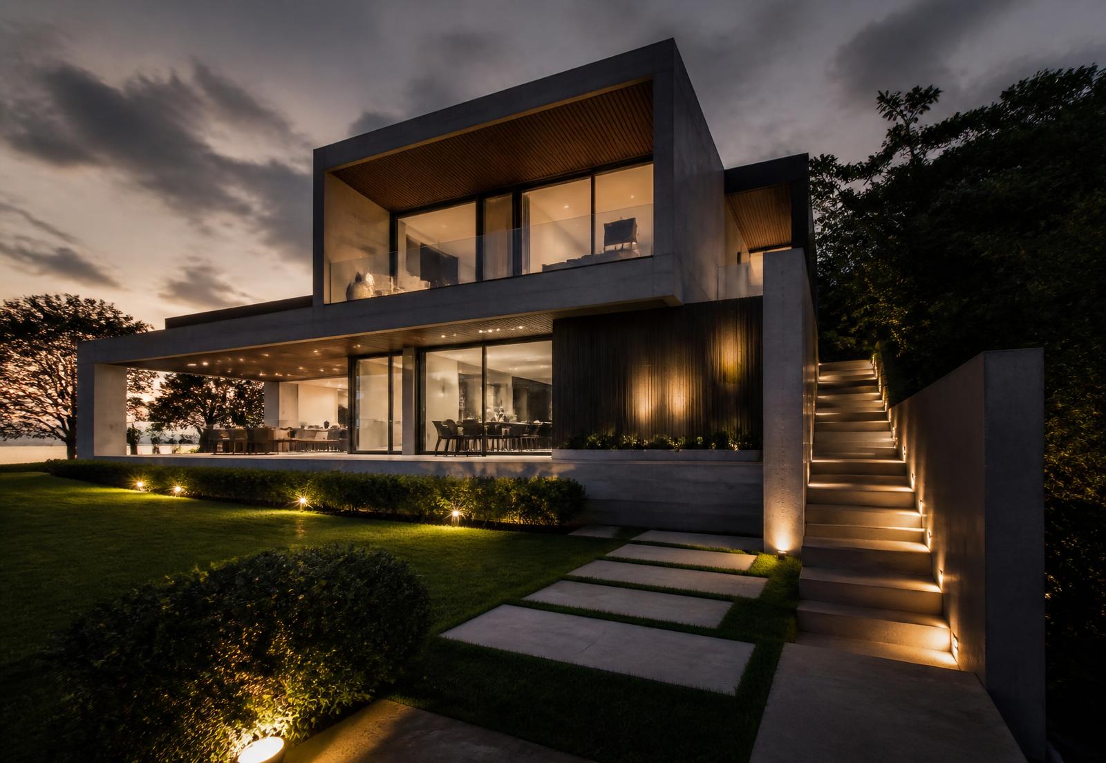 Residência moderna de alto padrão iluminada ao entardecer
