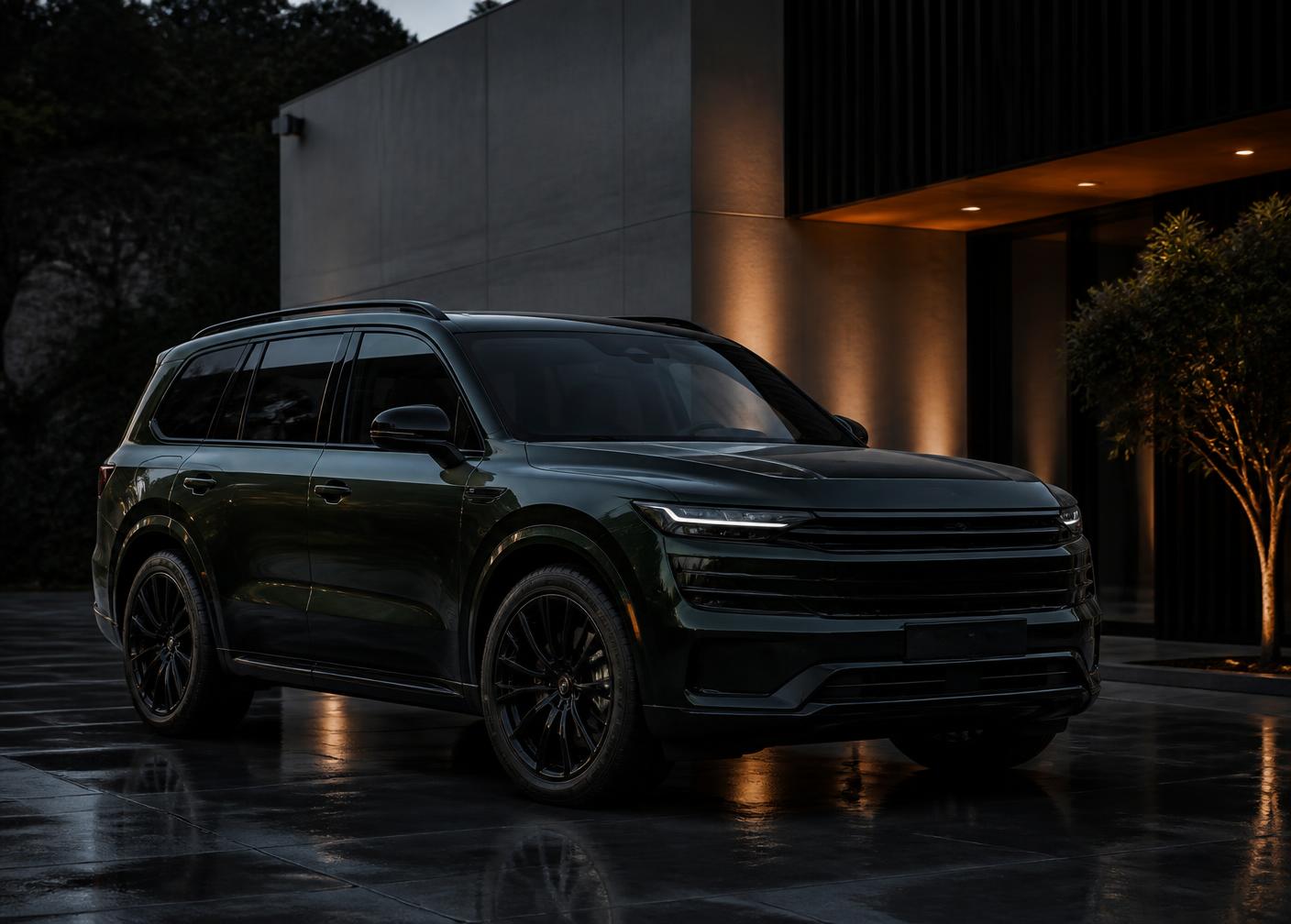 SUV premium em ambiente urbano sofisticado ao anoitecer